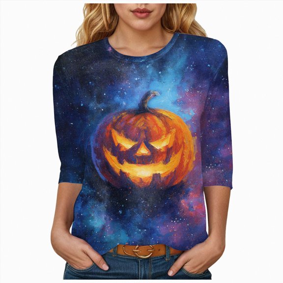 Godom Women's Funny Halloween Tee Pumpkin Graphic T Shirts Shirt 3/4 Sleeve Shirt Tops