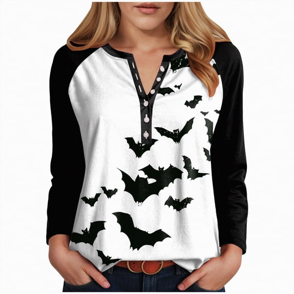 Godom Women's Halloween Long Sleeve V Neck Shirt Funny Graphic Top Fall Casual Loose Holiday T-Shirt