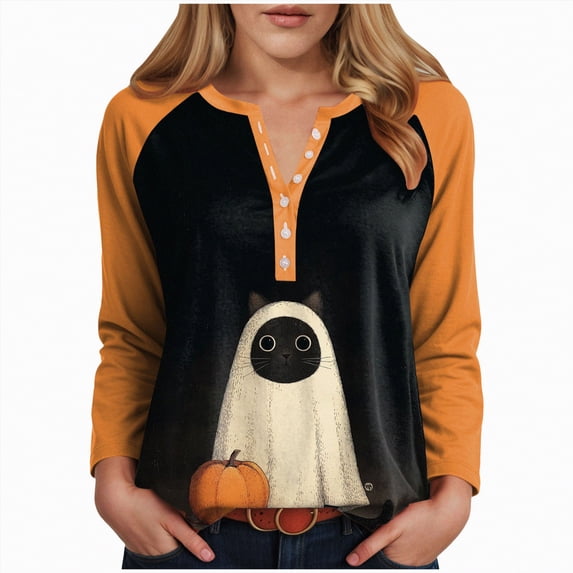 Godom Women's Halloween Long Sleeve V Neck Shirt Funny Graphic Top Fall Casual Loose Holiday T-Shirt