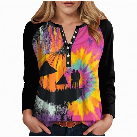 Godom Women's Halloween Long Sleeve V Neck Shirt Funny Graphic Top Fall Casual Loose Holiday T-Shirt