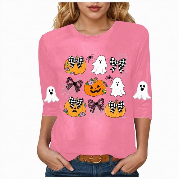 Godom Women's Halloween Pumpkin Shirts Casual 3/4 Sleeve Ghosts Graphic Tees Round Neck Fall Trendy Clothes