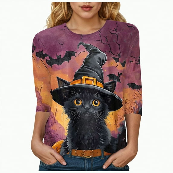Godom Women's Halloween Shirts Graphic T Shirts 3/4 Sleeve Pullover Tops Fall Clothes 2025