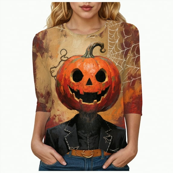 Godom Women's Halloween Shirts Graphic T Shirts 3/4 Sleeve Pullover Tops Fall Clothes 2025