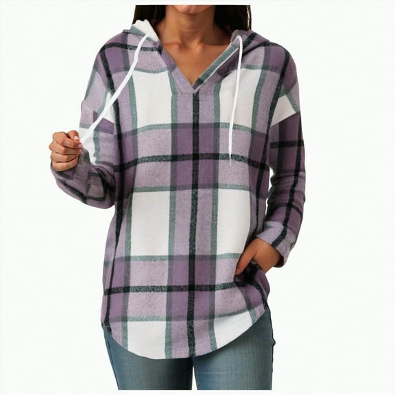 Godom Women's Hoodie Oversized Waffle Knit Tops Casual Shirts Long Sleeve V Neck Plaid Casual Tunic Sweatshirt