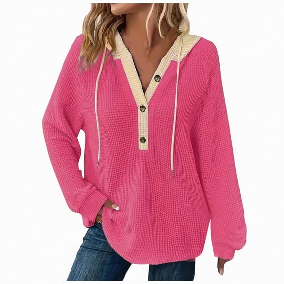 Godom Women's Hoodie Oversized Waffle Knit Tops Casual Shirts Long Sleeve V Neck Solid Color Casual Tunic Sweatshirt