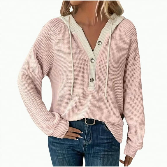 Godom Women's Hoodie Oversized Waffle Knit Tops Casual Shirts Long Sleeve V Neck Solid Color Casual Tunic Sweatshirt