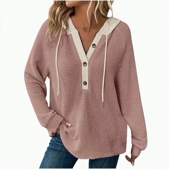 Godom Women's Hoodie Oversized Waffle Knit Tops Casual Shirts Long Sleeve V Neck Solid Color Casual Tunic Sweatshirt