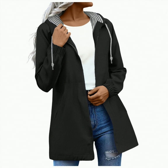 Godom Women's Rain Jackets Casual Zip Up Windbreaker Long Sleeve Hooded Jacket Lightweight Raincoat Fashion Outerwear