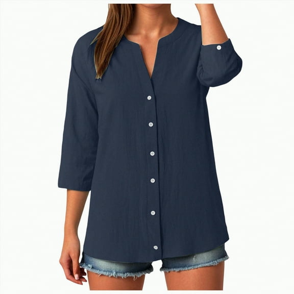 Godom Womens 3/4 Sleeve Button Down Shirts Cotton Linen Tops V Neck Casual Loose Fit Blouses