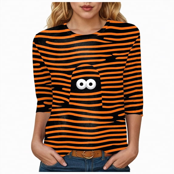 Godom Womens 3/4 Sleeve Shirts 2025 Fall Tunic Tops Crewneck Blouses Halloween Print