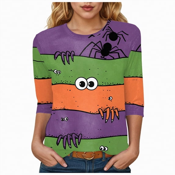 Godom Womens 3/4 Sleeve Shirts 2025 Fall Tunic Tops Crewneck Blouses Halloween Print