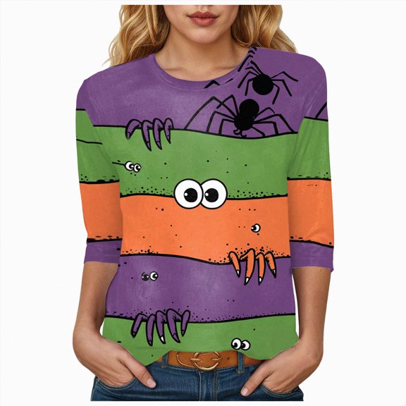 Godom Womens 3/4 Sleeve Shirts 2025 Fall Tunic Tops Crewneck Blouses Halloween Print
