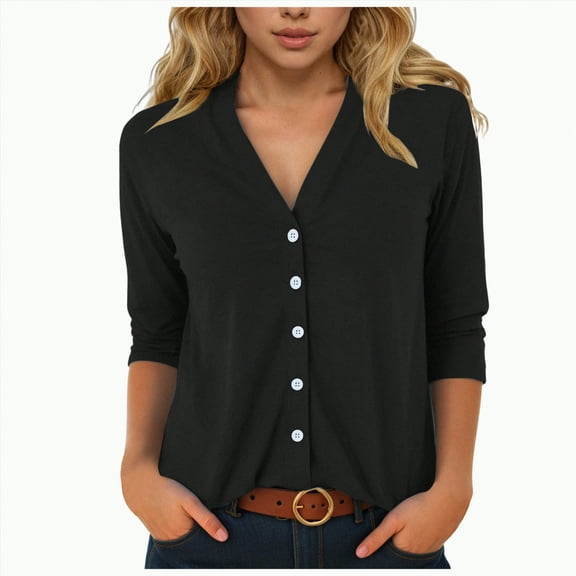 Godom Womens Button Down Shirts 3/4 Sleeve V Neck Dress Blouses Business Casual Tops