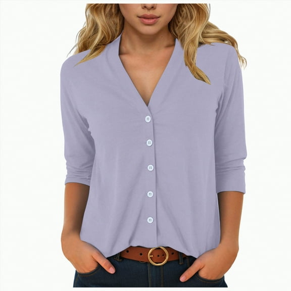 Godom Womens Button Down Shirts 3/4 Sleeve V Neck Dress Blouses Business Casual Tops