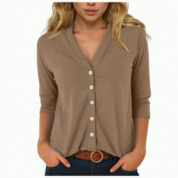 Godom Womens Button Down Shirts 3/4 Sleeve V Neck Dress Blouses Business Casual Tops