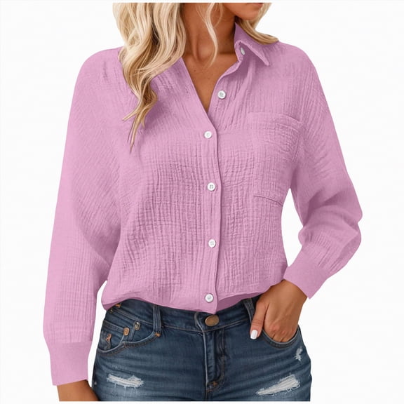 Godom Womens Cotton Linen Button Down Shirt 2025 Fall Winter Casual Long Sleeve Solid Color Shirts Loose Work Tops with Pockets