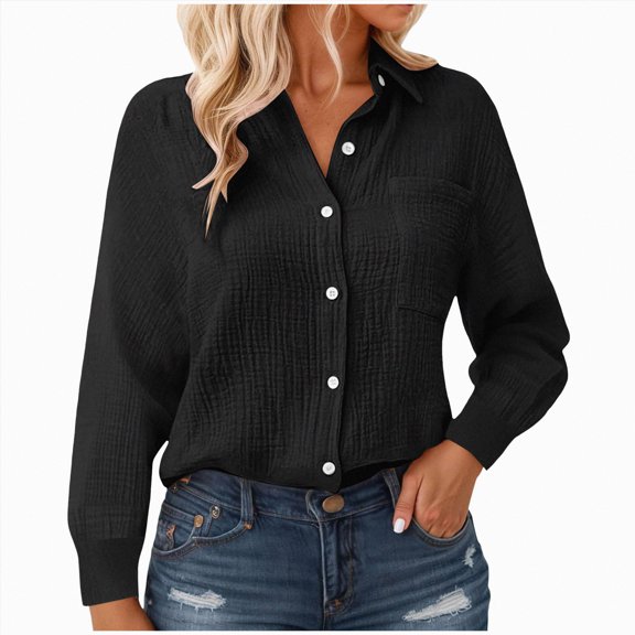 Godom Womens Cotton Linen Button Down Shirt 2025 Fall Winter Casual Long Sleeve Solid Color Shirts Loose Work Tops with Pockets
