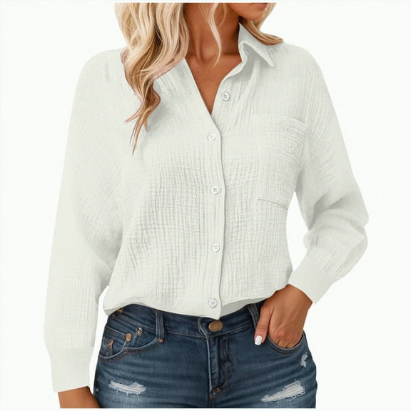 Godom Womens Cotton Linen Button Down Shirt 2025 Fall Winter Casual Long Sleeve Solid Color Shirts Loose Work Tops with Pockets