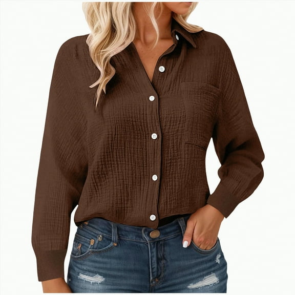 Godom Womens Cotton Linen Button Down Shirt 2025 Fall Winter Casual Long Sleeve Solid Color Shirts Loose Work Tops with Pockets
