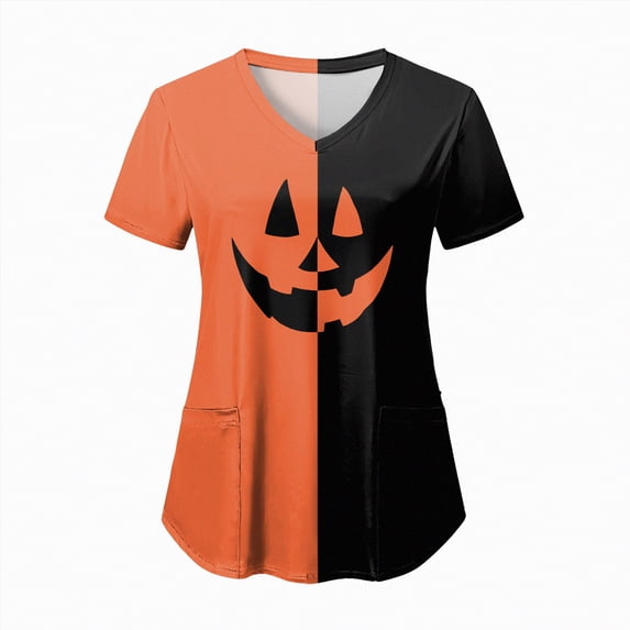 Godom Womens Fall Pumpkin Shirt Cute Ghost Short Sleeve T-Shirts Halloween Graphic Tees