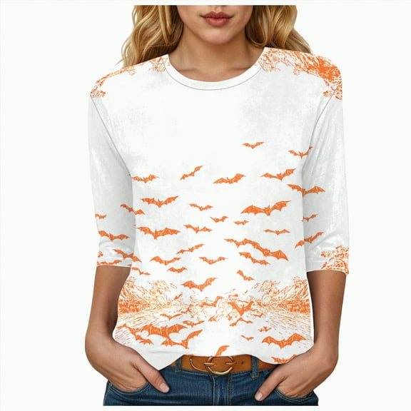 Godom Womens Fall Pumpkin Shirt Funny Halloween 3/4 Sleeve Tee Holiday Family Party Aumtun Tops