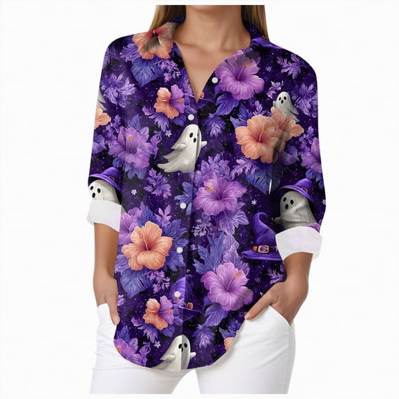 Godom Womens Halloween Shirt Cute Ghosts Print Button Down Shirts Long Sleeve Loose Fit Blouses Tops