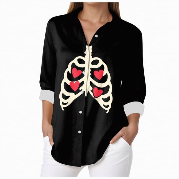 Godom Womens Halloween Shirt Cute Ghosts Print Button Down Shirts Long Sleeve Loose Fit Blouses Tops