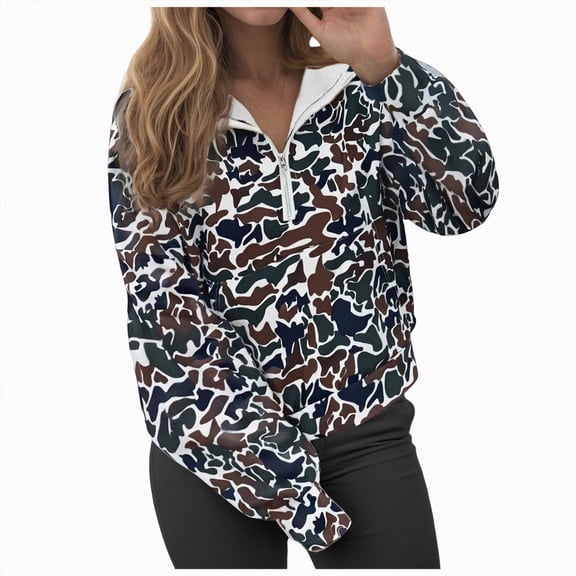 Godom Womens Hoodies Half Zip Fleece Pullover Tops Camo Print Quarter Zipper Hoodies Fall Winter Clothes