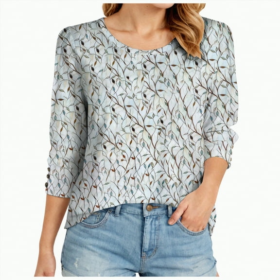 Godom Womens Tops Casual 3/4 Sleeve Shirts Crew Neck Loose Casual Blouses Floral Print Tshirts