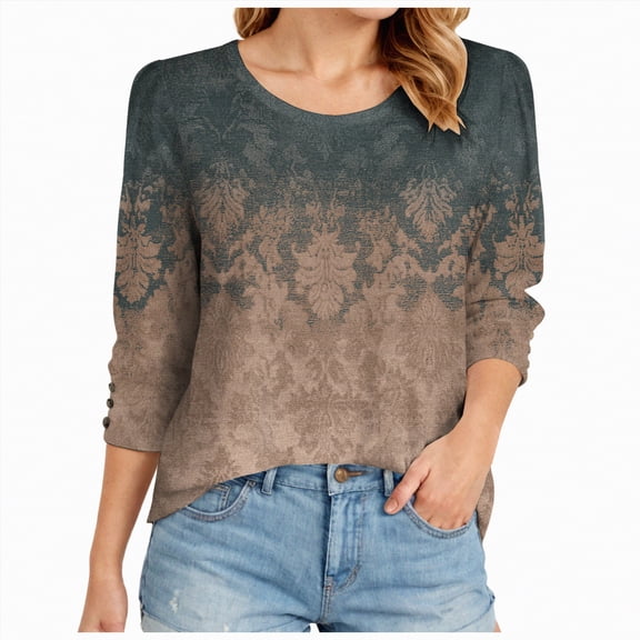 Godom Womens Tops Casual 3/4 Sleeve Shirts Crew Neck Loose Casual Blouses Floral Print Tshirts