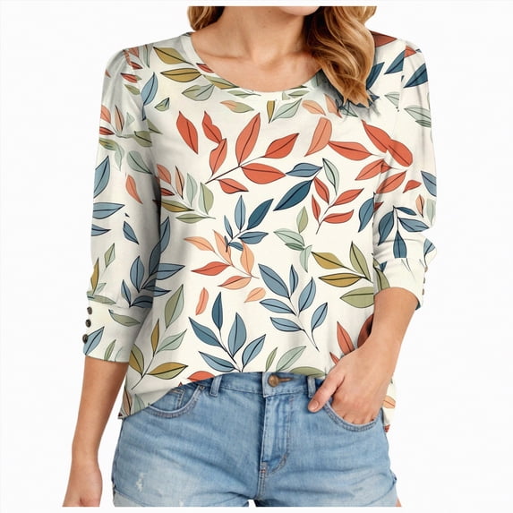 Godom Womens Tops Casual 3/4 Sleeve Shirts Crew Neck Loose Casual Blouses Floral Print Tshirts
