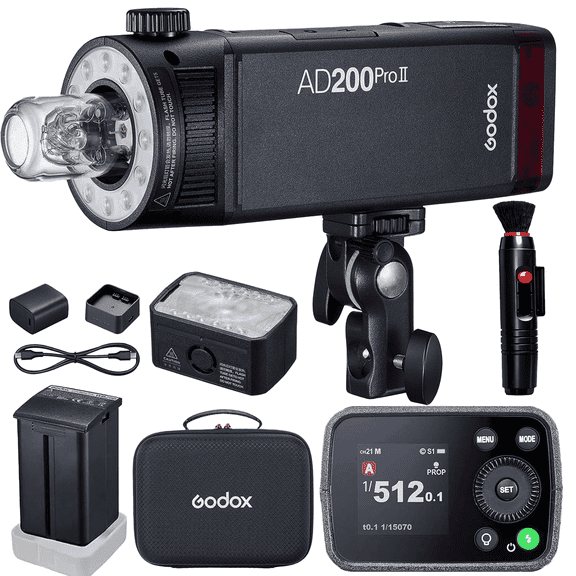 Godox AD200Pro II TTL Pocket Flash, 200Ws Portable Strobe Light with Color Screen, Bi-Color Modeling Lamp, 1/1 to 1/512 Power Output, 500 Full Power Flashes