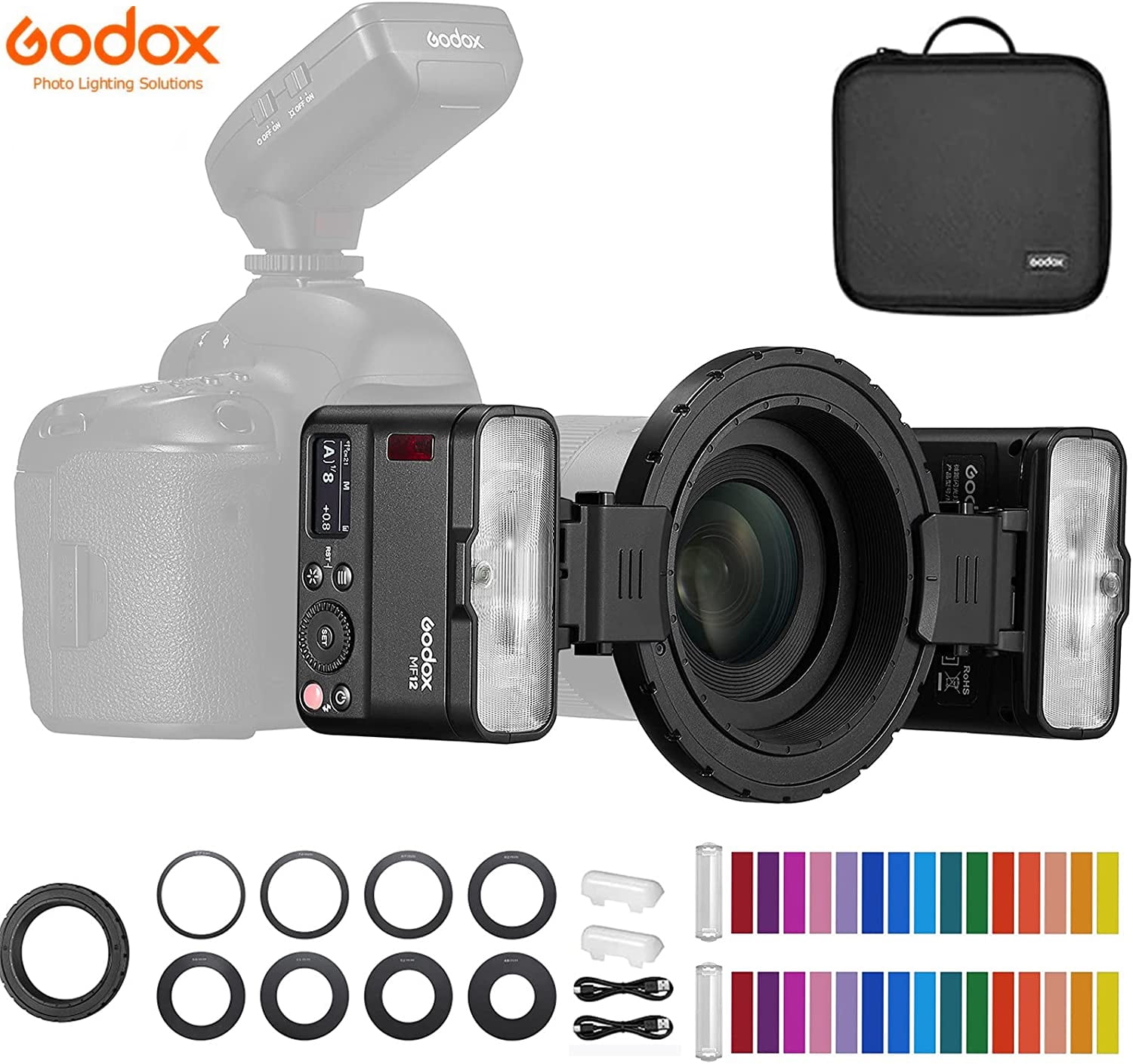 GODOX MF12-K2 2pcs Macro Flash 2.4G Wireless Transmission Control Guide Number 16 TTL M Mode With Colourful Filter Cold Shoe For Portrait Plants Insects Food Jewellery Macro Photography