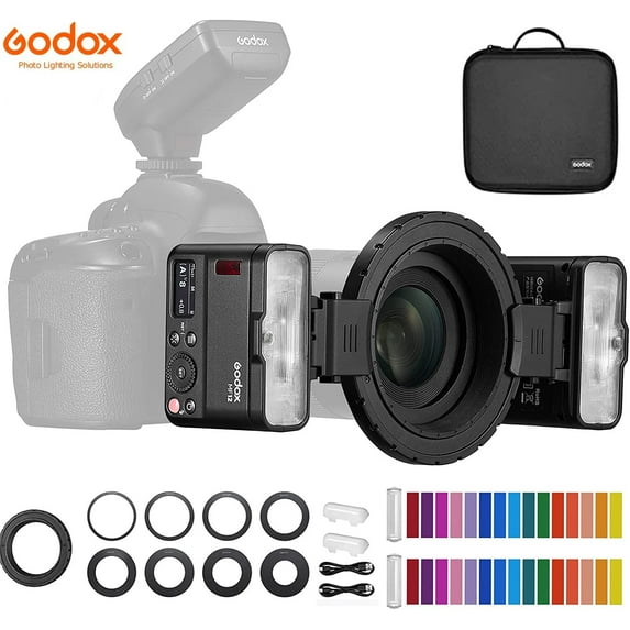 Godox MF12-K2 2PCS Macro Flash 2.4G Wireless Transmission Control Guide Number 16 TTL M Mode with Colorful Filter Cold Shoe for Plants Insects Food Jewelry Macro Photography