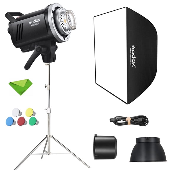 Godox MS300V 300W Studio Flash 5600±200K 0.1~1.8S Recycle Time with LED Modeling Lamp Light Strobe Flash Monolight for Studio, Portrait Photography+2.8m Stand+60x90CM Softbox(MS300 Upgraded Version)