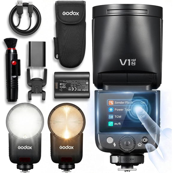 Godox V1 Mid Round Head Flash for Nikon Cameras, 55Ws Output, 24mm Wide Coverage, 2.0-inch OLED Touchscreen, 650+ Flashes, 1.7s Recycle, 2.4G TTL/HSS