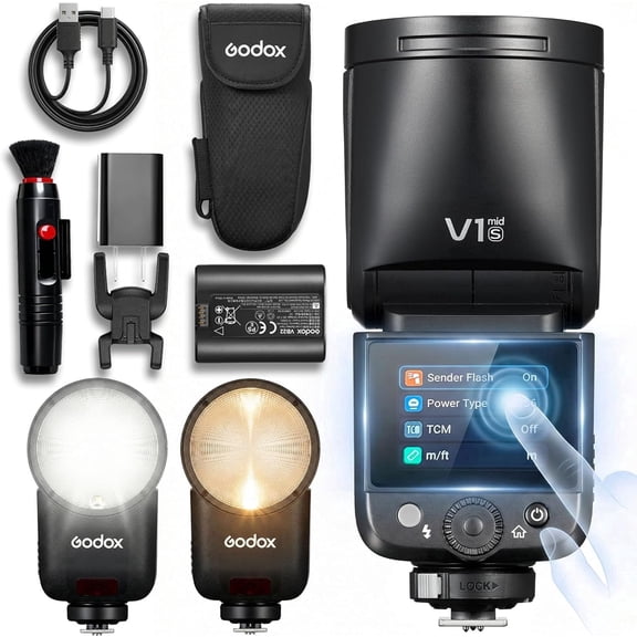 Godox V1 Mid Round Head Flash for Sony Cameras, 55Ws Output, 24mm Wide Coverage, 2.0-inch OLED Touchscreen, 650+ Flashes, 1.7s Recycle, 2.4G TTL/HSS