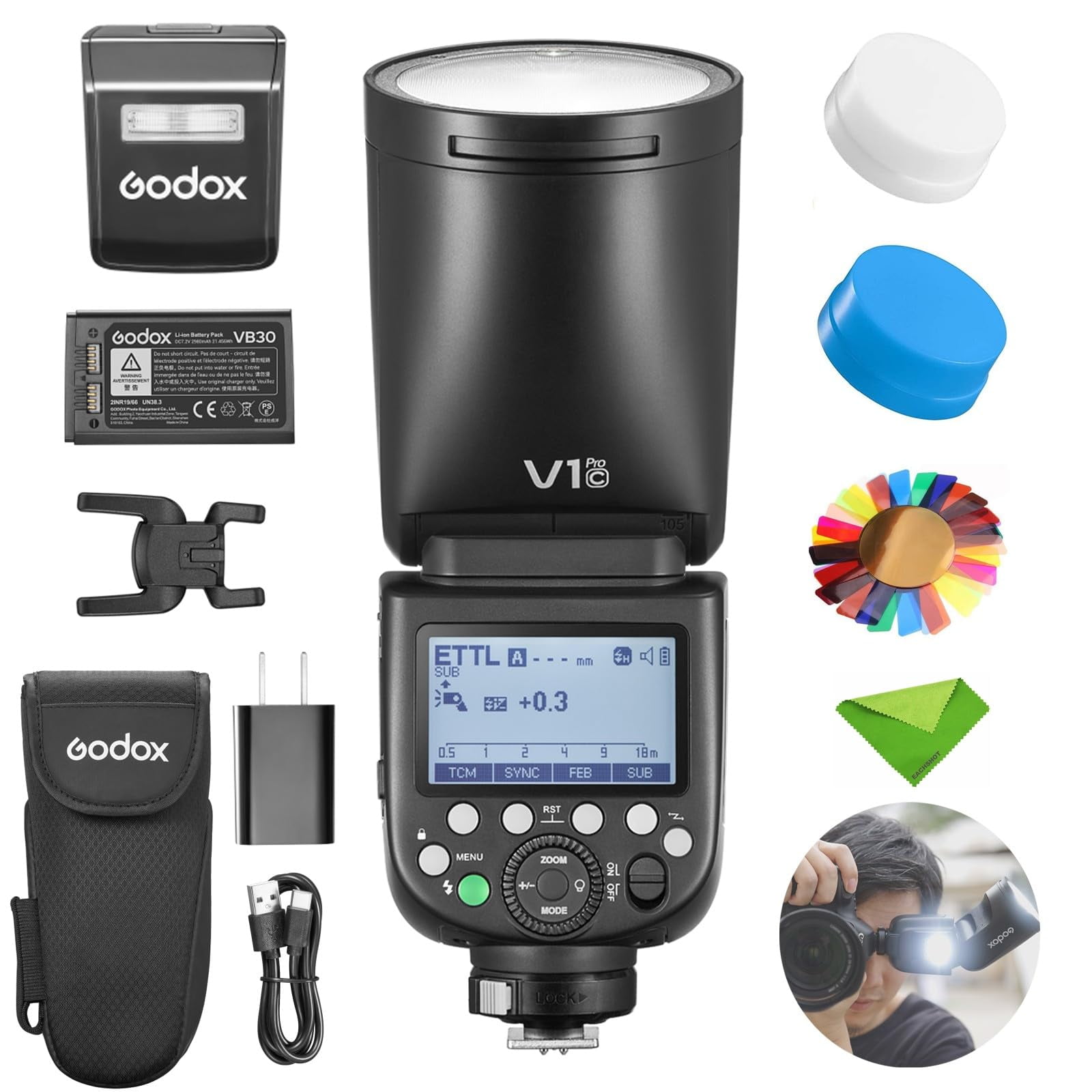 Godox V1PRO-C Rundkopf Blitz Für Canon - 76Ws Mit Li-Ion Akku & LED Modellierungslampe