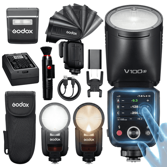 Godox V100 Round Head Flash for Sony Cameras, 100Ws TTL Speedlite, 2.3-inch Touchscreen, Detachable Sub Flash, 2.4G Wireless, Fast Recycle