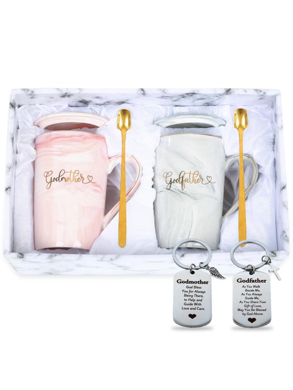 Godparent Coffee Mug Set with Keychains 14oz 2 Cups 2 Spoons