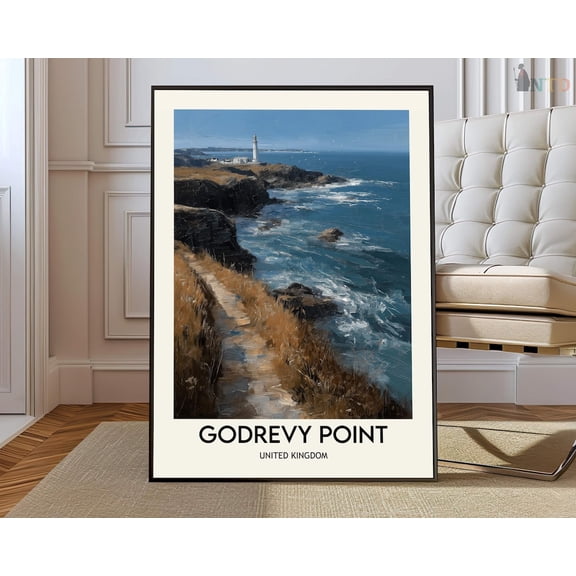 Godrevy Point Cornwall Lighthouse St Ives Bay Coastal Wall Art, Unframed Paper Poster 8x10in