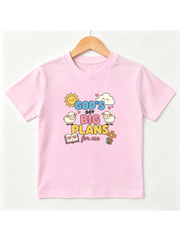 Gods Big Plans Sheep Girls Graphic Tee, Cute Sunday School 100% Cotton Kids Short Sleeve T-Shirt