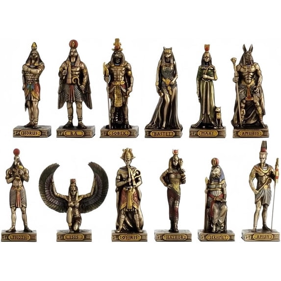 Gods of Egypt Statues Sets, 12 Pcs Egyptian Gods Resin Figurines Hand Painted Statue, Sekhmet Anubis Isis Figurines, Black Gold Finish Sculptures