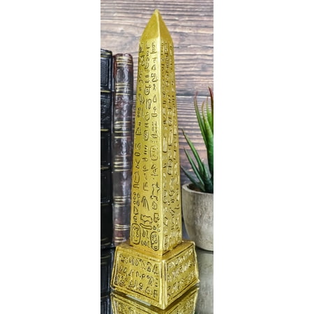 Gods Of Egypt Temple of Ra Gold Colored Luxor Obelisk With Hieroglyphs Statue