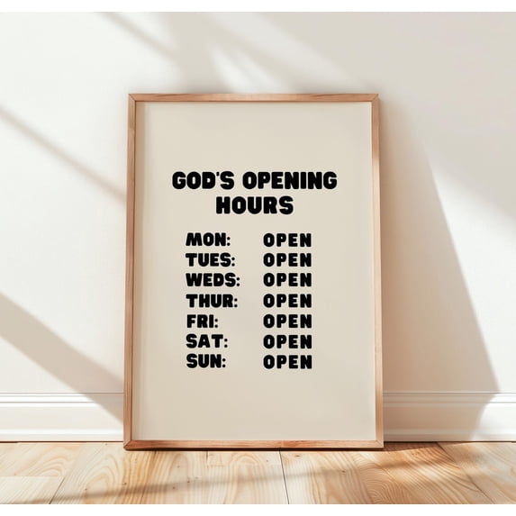 Gods Opening Hours Modern Christian Trendy Faith Print, Stretched Canvas 16x20in