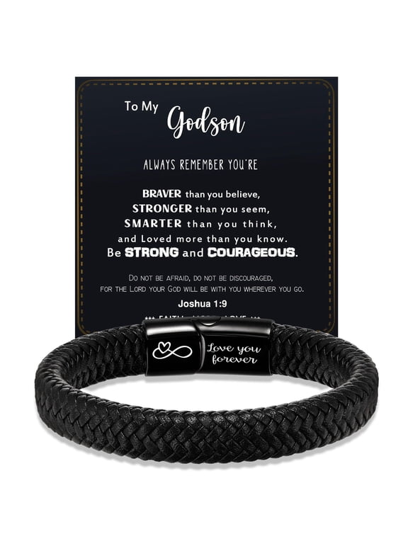 To My Godson Bracelet from Godmother or Godfather, Black Braided Bracelet with Infinity Heart, Love You Forever Engraving and Joshua 1:9 Message Card, Confirmation Birthday Christmas Gift