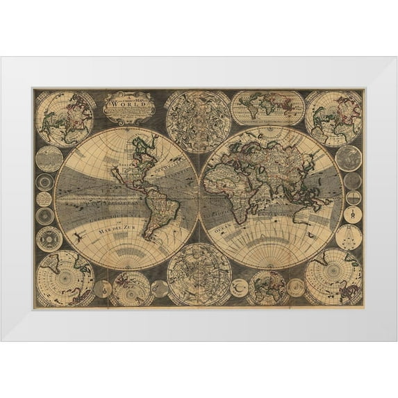Godson, W. 24x17 White Modern Wood Framed Museum Art Print Titled - World Map with Planets