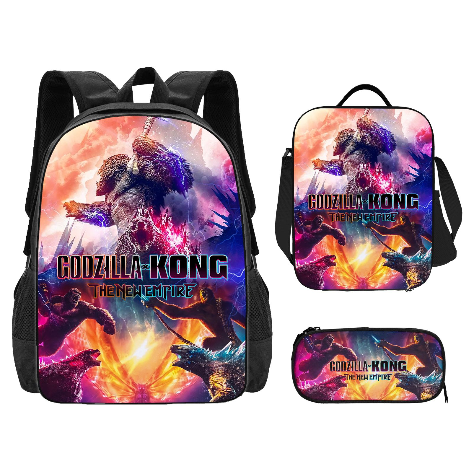Custom Godzilla Backpack Godzilla 3Set backpack Cartoon Character Creative Print Backpack Multi ...