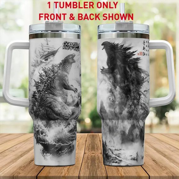 Godzilla 40oz Tumbler, Patchwork Monster Artwork Travel Cup with Handle & Straw, Reusable Kaiju Collector Gift