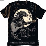 WOKU Godzilla Acoustic Guitar Moon Design Black Tee Unique Graphic Tee High Quality Print Music Lover Gift Cool Monster Shirt